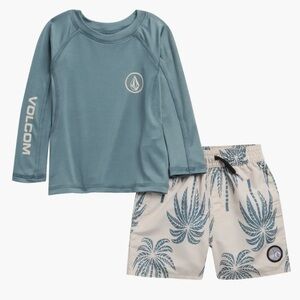 Volcom NWT Kids Teal Rash Guard with Cream Palm-Print Swim Shorts